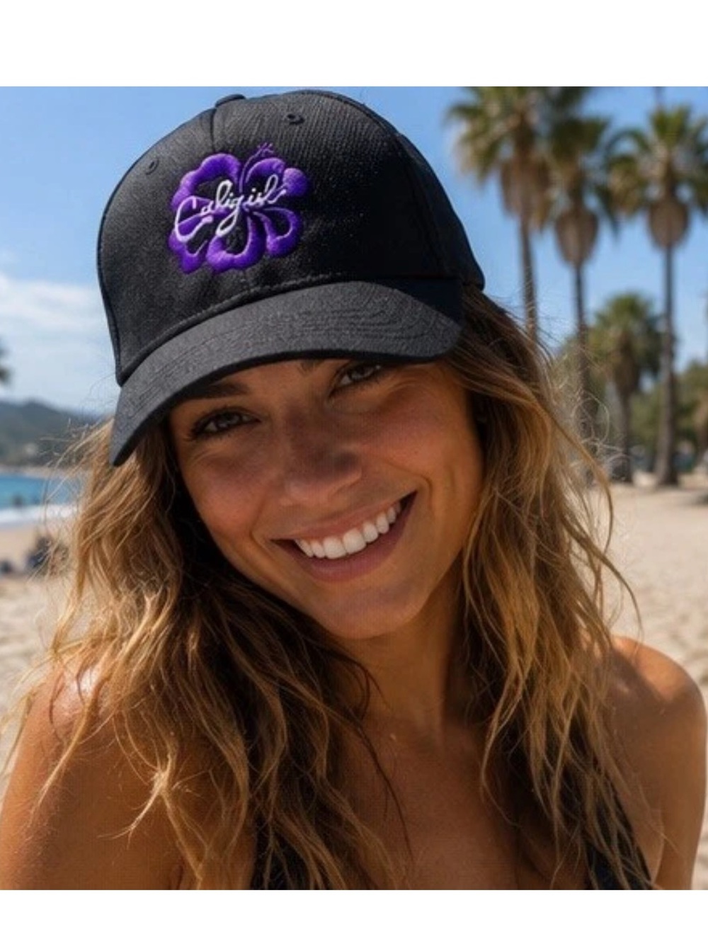 Women’s Black Trucker Hat Adjustable Purple Hibiscus Embroidered CaliGirl Cap